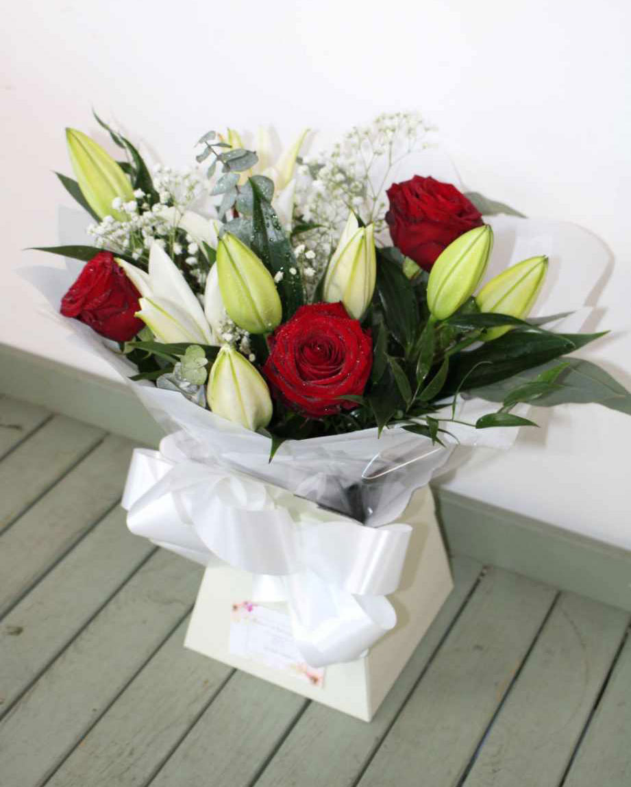 Red Rose & White Lillie Bouquet